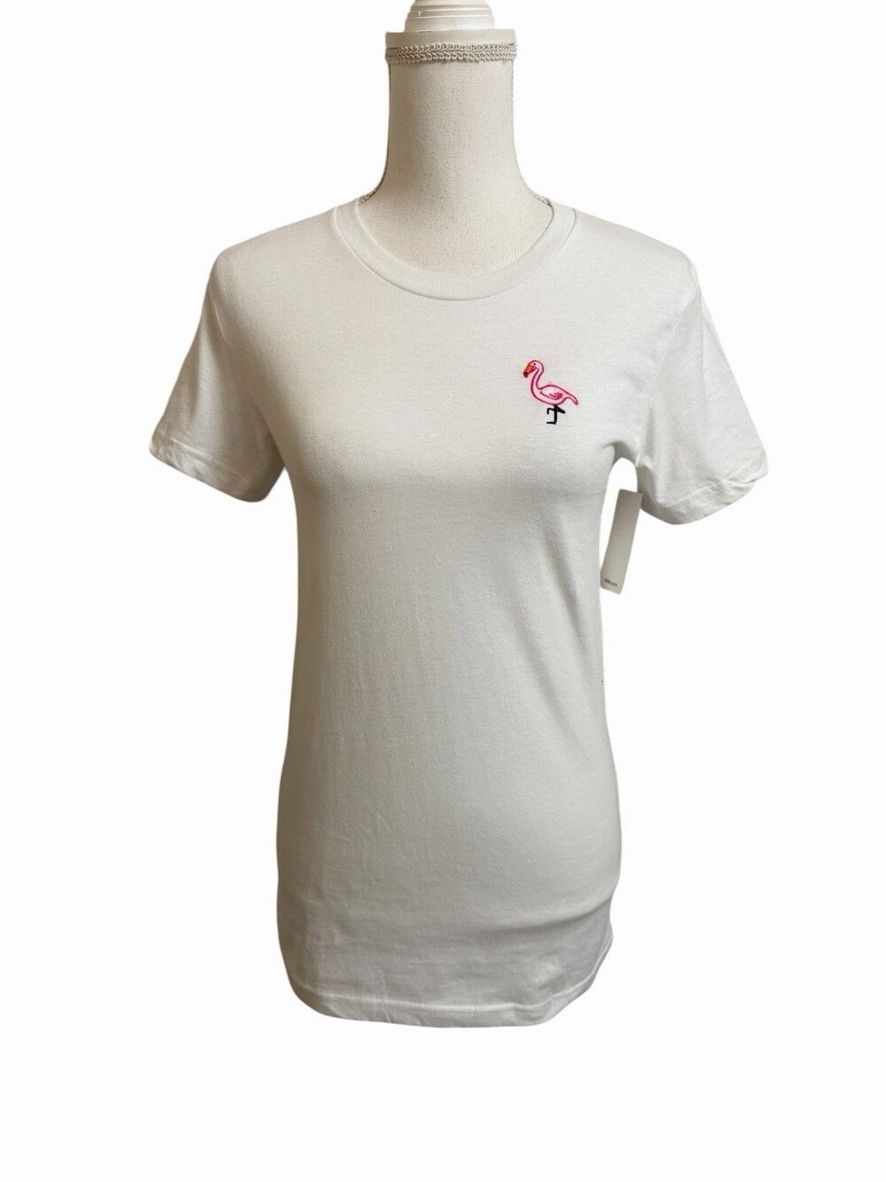 NWT Dalix Women's M White 100% Cotton T-Shirt w/ Flamingo Embroidery Tee NEW
